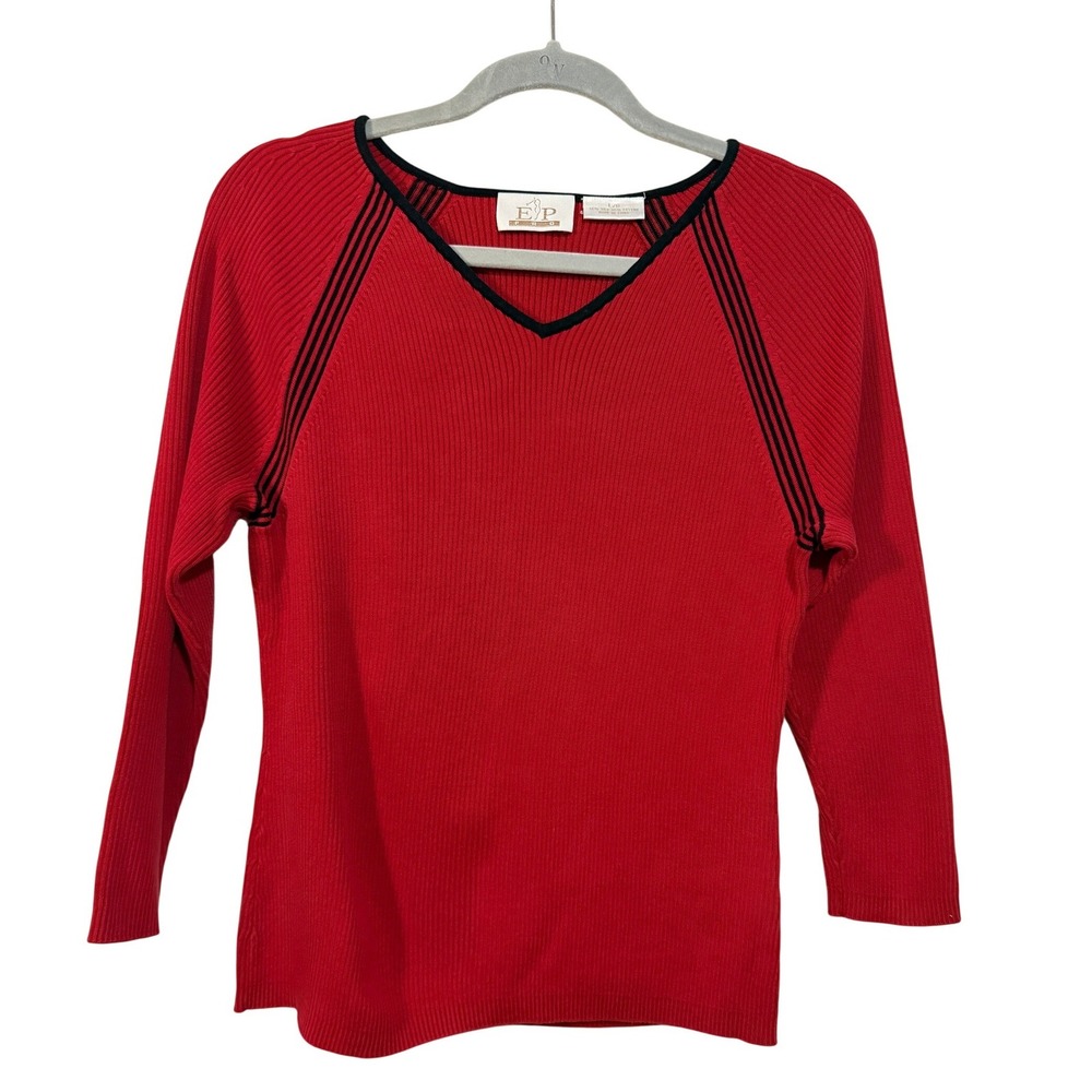EP‎ Pro Sweater Womens Large Red Silk Blend V-Neck Ribbed Raglan Sleeve Striped